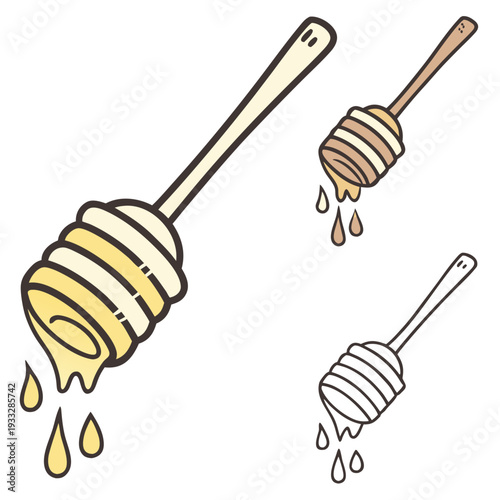 Melliferous honey dipper illustrations with soft pastel colors showing wooden sticks and golden syrup drops in diverse sizes for food design projects