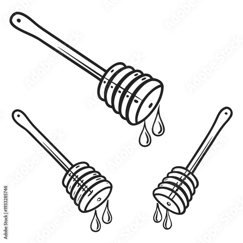 Honey dipper line art collection featuring three wooden sticks with dripping nectar droplets hand drawn sketch style set isolated on white backdrop