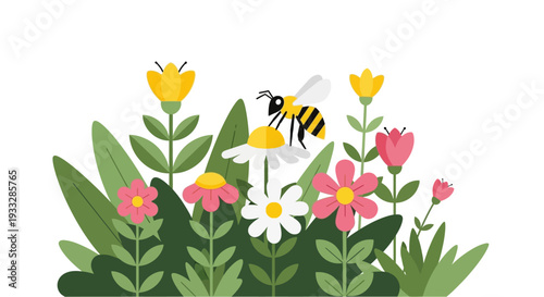 Cute Bee Pollinating Flowers Vector Illustration