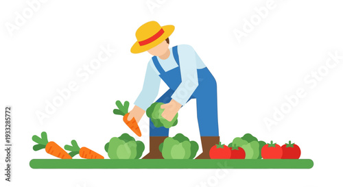 Farmer Harvesting Vegetables Flat Vector Illustration