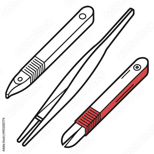 Set of precision tweezers and forceps for laboratory work, crafts, or electronics assembly tasks