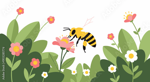 Bee Pollinating Pink Flower in Green Garden Vector Illustration