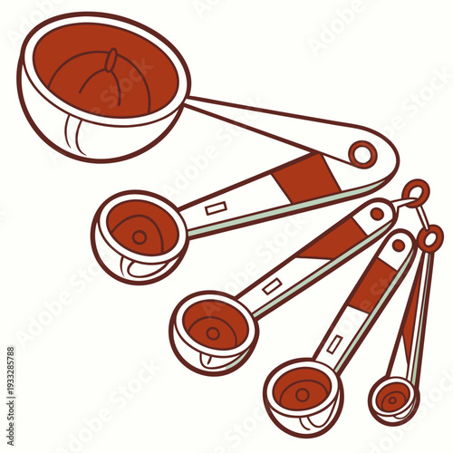 Measuring spoons set in warm brown and white tones for culinary precision showing various sizes from large to small on ring holder vector illustration