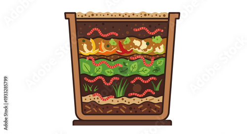 Compost Bin Layers with Worms and Organic Waste Vector Illustration