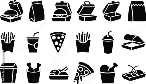 Assorted black and white icons of various food items and containers Vector, illustration