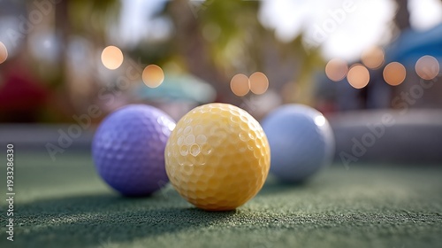 Mini Golf Balls Arranged on the Green During a Sunny Afternoon in a Fun Location