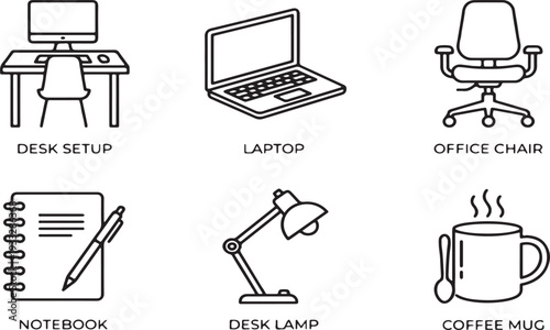 Minimalist home office setup with desk, laptop, chair, notebook, lamp, and coffee mug vector illustration flat design