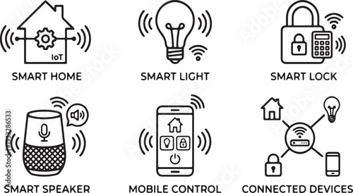 Smart home IoT device icons set with flat design vector illustration for mobile and web apps