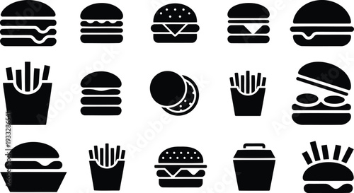 Black and white icons of various popular fast food items and drinks Vector, illustration
