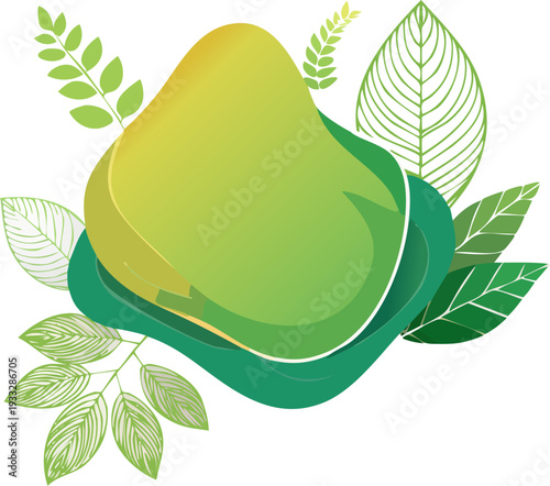 Avocado fruit illustration with green leaves on white background.