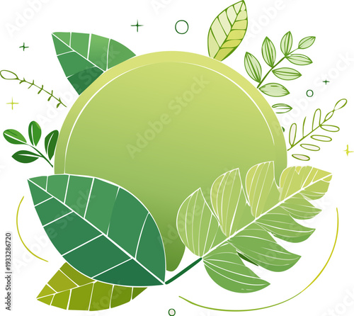 Green leaves surrounding a light green circle with decorative elements.
