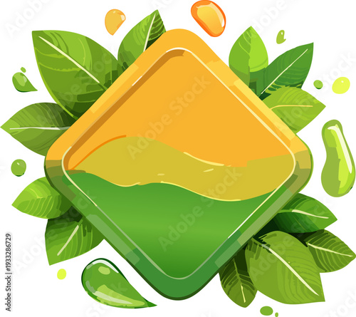 Green tea leaves and tea in a square container.