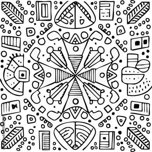 Black and white abstract geometric pattern with various shapes and designs.