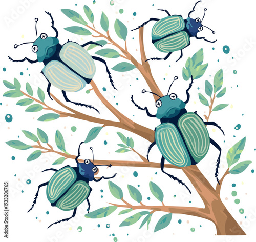 Colorful illustration of beetles on a tree branch with leaves.