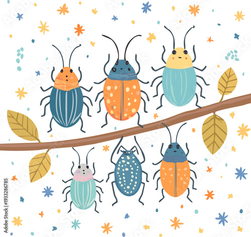 Colorful cartoon beetles on a branch with leaves and flowers.
