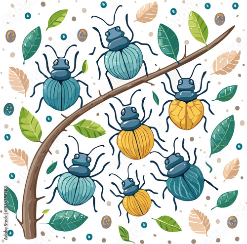 Colorful beetles on a branch surrounded by leaves and circles.
