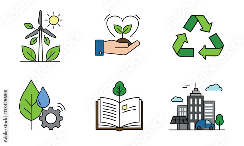 Sustainability and Environment Line Icons Set. Eco-Friendly Symbols for Renewable Energy, Recycling, and Green Living.