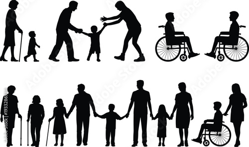 Family life cycle silhouettes with children, parents, elderly, and wheelchair users, depicting aging process, disability inclusion, generational support, and human lifespan conceptFamily life 