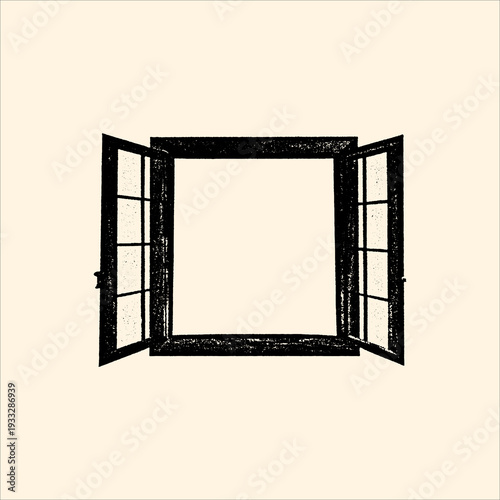 Open window with splayed panes, rendered in a textured ink style, inviting a view or symbolizing openness and new perspectives.