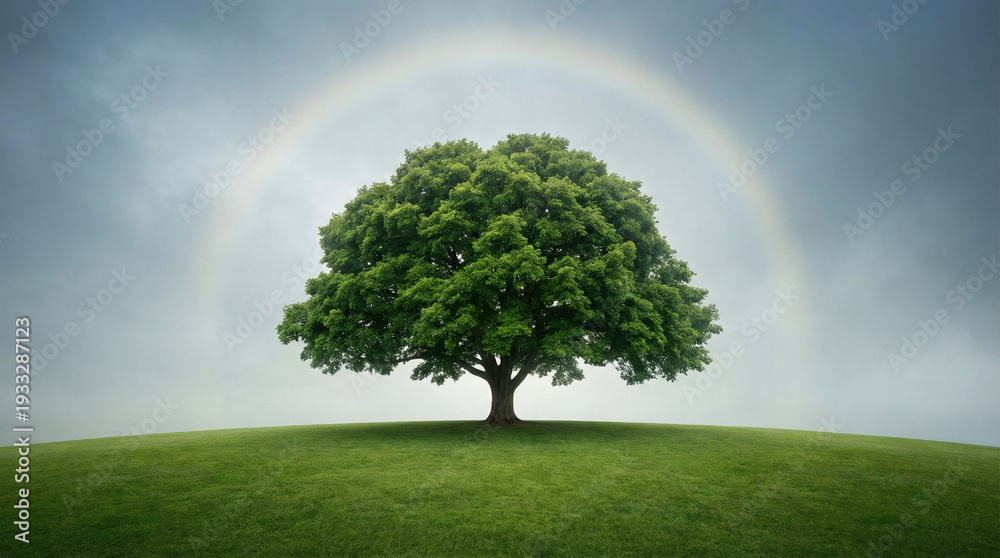 Fototapeta premium Majestic green tree standing on a grass hill under a rainbow, hope and nature beauty landscape. AI generated.