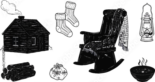 Set of 8 cozy winter cabin elements vector