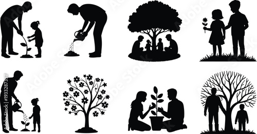Family planting tree silhouettes collection, depicting parents and children gardening, nurturing nature, environmental conservation, growth, sustainability, and eco friendly lifestyle concept 
