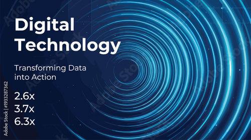 Digital technology abstract background with glowing blue circular vortex tunnel and data analytics typography, futuristic innovation concept for big data transformation and business growth