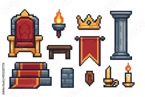 Pixel art medieval kingdom assets collection featuring a royal throne, golden crown, flaming torch, and banner for a retro fantasy video game design with 8-bit style graphics