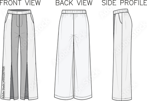 Technical fashion sketch of women wide leg trousers with front slits, elastic waistband, and side pockets vector illustration