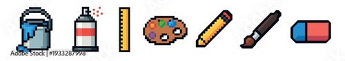 Pixel art icon set of art and school supplies including a paint bucket, spray can, ruler, palette, pencil, paintbrush, and eraser in a retro 8-bit video game style