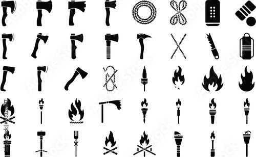 Set of 30 camping tools and fire icons vector