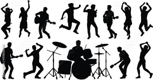 Musicians and dancers silhouettes rock band performance concert jumping people playing guitar drums singing isolated on white background