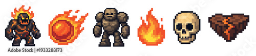 Pixel art fantasy character and element sprites with a lava monster, rock golem, fireball, skull, and a cracked heart icon for a classic video game design