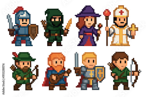Collection of eight pixel art fantasy characters featuring a knight, rogue, mage, cleric, archer, and bard in a retro 8-bit video game style for an RPG adventure