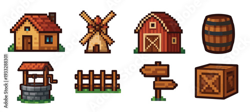Pixel art farm and village icons set featuring a rustic house, windmill, red barn, barrel, well, fence, signpost, and crate for a retro video game aesthetic