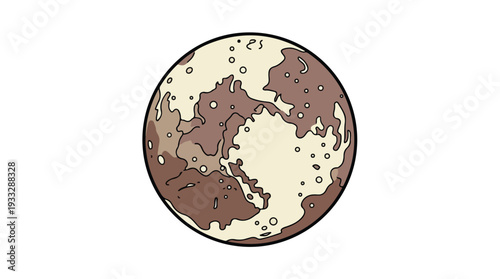 Illustration of a brown and beige planet with craters against a white background.