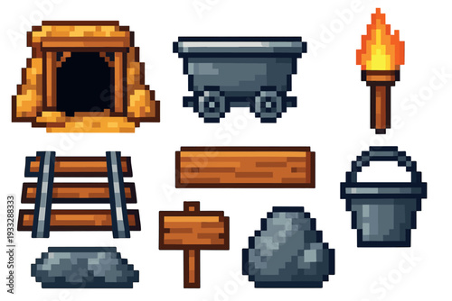Pixel art set of mining icons featuring a mine entrance, cart, torch, railway, and bucket, designed as retro 8-bit video game assets and graphic elements