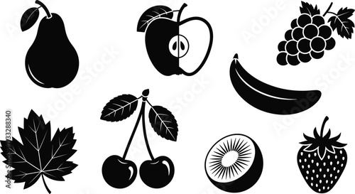 Fruit silhouette icon collection with pear apple grapes banana cherry kiwi strawberry and leaf, black vector set isolated on white background