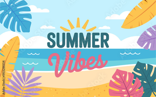 Colorful summer vibes beach scene with tropical leaves and sunny sky