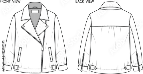 Technical sketch of women asymmetrical biker jacket, front and back view fashion flat vector illustration for clothing design