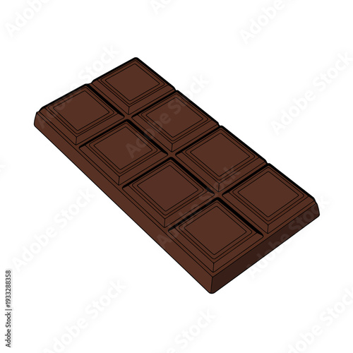 Brown chocolate bar with six squares on white background