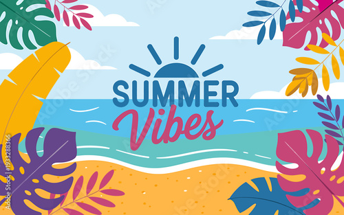 Colorful summer vibes beach scene with tropical leaves and sunny sky