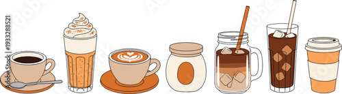 Collection of coffee drink illustrations including espresso, latte art, iced coffee, and take away cups for cafe menus