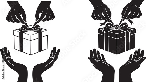 Hands exchanging a gift with a bow on a white background