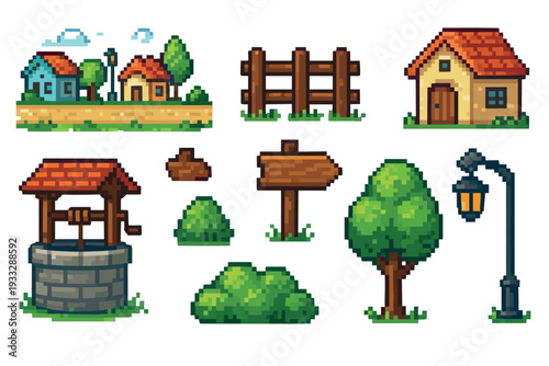 Pixel art game asset collection of village elements featuring houses, a water well, trees, a fence, and a signpost in a classic retro 8-bit or 16-bit video game style