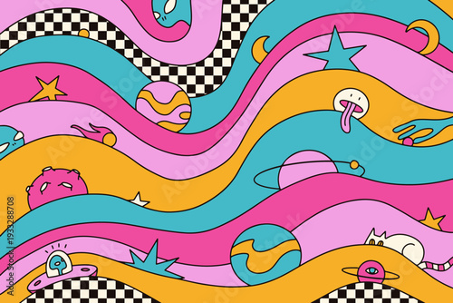 Psychedelic wavy pattern with melting planets, weird cats and UFO. Trippy space landscape with colorful retro waves and checkerboard texture. Groovy hallucinogenic background vector artwork.