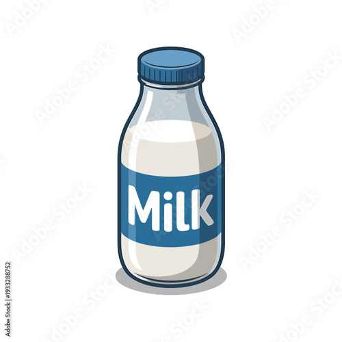 Cartoon illustration of a glass milk bottle with blue cap and label