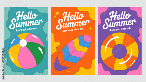 Hello summer posters with colorful beach ball and floaties  summer vibes graphics
