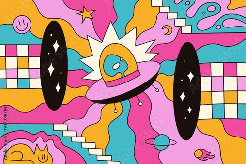 Psychedelic trippy space poster with floating UFO, alien and melting weird cat. Surreal vibrant background with portals, stairs and checkerboard. Groovy hallucinogenic 70s retro vector illustration.