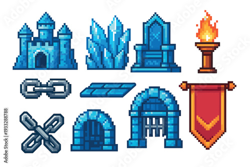 Detailed collection of pixel art fantasy icons for a retro video game includes a blue castle, crystal throne, flaming torch, dungeon gate, and red banner